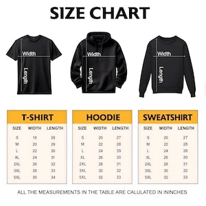 K&ouml;nnte beinhalten: Eine Gr&ouml;&szlig;entabelle f&uuml;r T-Shirts, Hoodies und Sweatshirts. Die Tabelle enth&auml;lt Ma&szlig;e in Zoll f&uuml;r Breite und L&auml;nge, mit Gr&ouml;&szlig;en von S bis 5XL. Der Text "SIZE CHART" steht oben.