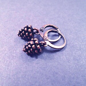 Copper Pine Cone Earrings, Pretty Pinecones and Lever Back Hoops, Small Dangle Earrings, FREE Shipping