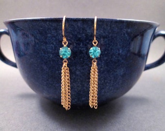 Tassel Earrings, Aqua Blue Glass Rhinestones, Gold Chain Dangle Earrings, FREE Shipping