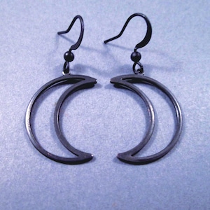 Crescent Moon Earrings, Matte Black Moon Charms, Gunmetal Silver Dangle Earrings, FREE Shipping