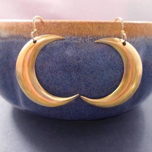 Crescent Moon Earrings, Raw Brass and Gold Dangle Earrings, FREE Shipping