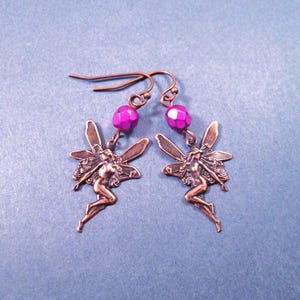 Copper Fairy Earrings, Purple Glass Beaded, Long Dangle Earrings, FREE Shipping