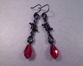 Barbed Wire Earrings, Red Glass Drop Earrings, Gunmetal Black Silver Dangle Earrings, FREE Shipping