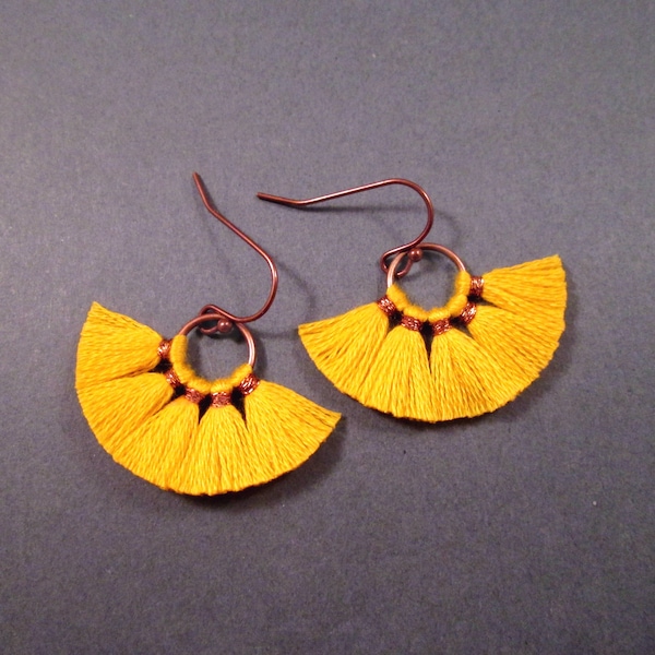 Smaller Size Cotton Fan Earrings, Goldenrod Yellow Tassels, Copper Dangle Earrings, FREE Shipping