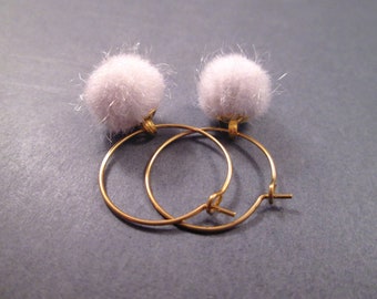 Smaller Size Pom Pom Earrings, White Faux Fur Earrings, Gold Hoop Earrings, FREE Shipping