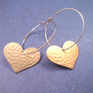 Heart Earrings, Raw Brass Hammered Hearts, Gold Hoop Earrings, FREE Shipping