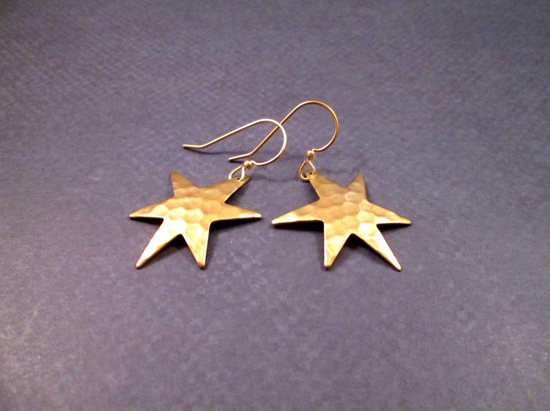 Star Earrings, Hammered Raw Brass Earrings, Gold Dangle Earrings, FREE Shipping image 4