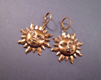 Larger Size Sun Face Earrings, Brass Dangle Earrings, FREE Shipping
