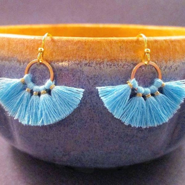 Smaller Size Cotton Tassel Earrings, Sky Blue Fan Fringe Earrings, Gold Dangle Earrings, FREE Shipping