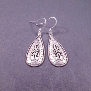 Silver Teardrop Earrings, Etched Silver Dangle Earrings, FREE Shipping