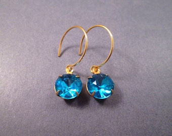 Rhinestone Earrings, Aqua Blue Glass and Gold Dangle Earrings, FREE Shipping