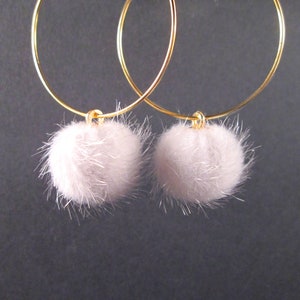 Pom Pom Earrings, White Faux Fur Earrings, Gold Hoop Earrings, FREE Shipping