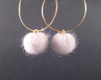 Pom Pom Earrings, White Faux Fur Earrings, Gold Hoop Earrings, FREE Shipping