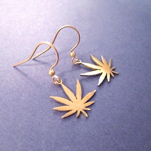 Cannabis Earrings, Marijuana Leaf Earrings, Gold Dangle Earrings, FREE Shipping