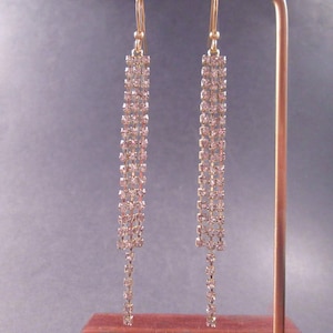 Rhinestone Chain Earrings, White Glass Stones, Tassel Earrings, Long Gold Dangle Earrings, FREE Shipping