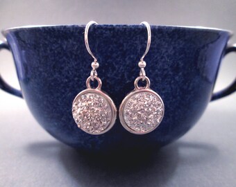 Silver Druzy Earrings, Man Made Stones, Dangle Earrings, FREE Shipping