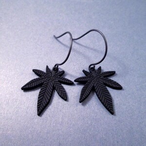 Marijuana Leaf Earrings, Larger Gauge Ear Wires, Matte Black Cannabis Earrings, Gunmetal Silver Dangle Earrings, FREE Shipping