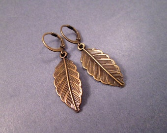 Leaf Earrings, Circle Lever Back Hoops, Brass Dangle Earrings, FREE Shipping