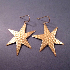 Larger Size Star Earrings, Hammered Raw Brass Dangle Earrings, FREE Shipping