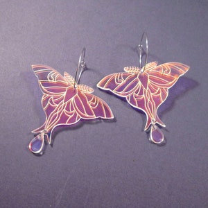 Luna Moth Earrings, Mirrored Acrylic Pendants, Silver Dangle Hoop Earrings, FREE Shipping