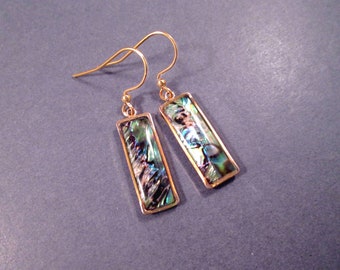 Abalone Shell Earrings, Rectangle Shells and Resin, Gold Dangle Earrings, FREE Shipping