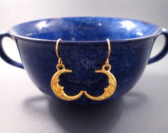 Crescent Moon Earrings, Man in the Moon, Gold Dangle Earrings, FREE Shipping