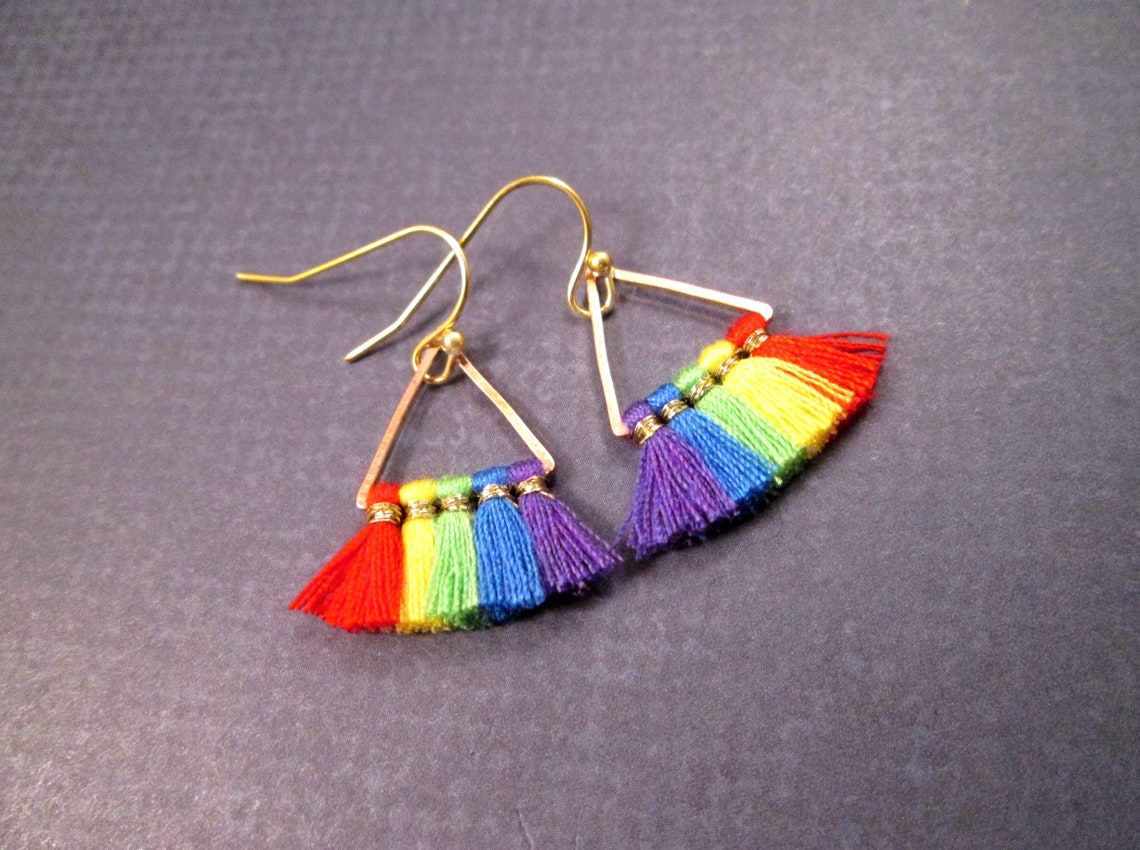 Cotton Tassel Earrings Rainbow Fan Fringe Earrings Gold Etsy