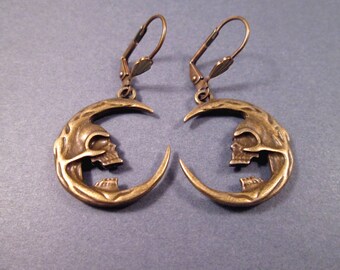 Skull and Crescent Moon Earrings, Brass Dangle Earrings, FREE Shipping