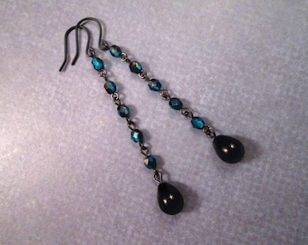 Teal Blue Beaded Chain Earrings, Black Glass Drops, Gunmetal Silver Dangle Earrings, FREE Shipping