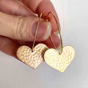 Heart Earrings, Raw Brass Hammered Hearts, Gold Hoop Earrings, FREE Shipping