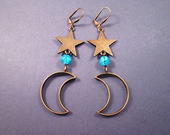 Large Crescent Moon and Star Earrings, Aqua Blue Glass Beaded, Brass Long Dangle Earrings, FREE Shipping