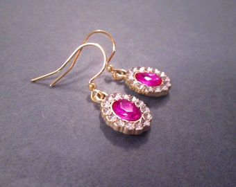 Rhinestone Earrings, Fuchsia Pink and White, Gold Dangle Earrings, FREE Shipping