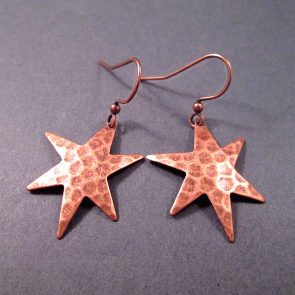 Star Earrings, Hammered Oxidized Copper Earrings, Dangle Drop Earrings, FREE Shipping