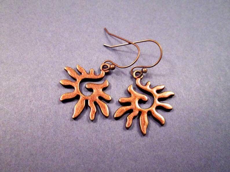 FREE Shipping U.S. Spiral Sun Earrings Tribal Style Copper Dangle Earrings