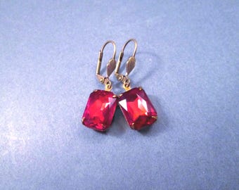 Rhinestone Earrings, Red Glass Rhinestone and Brass Dangle Earrings, FREE Shipping