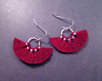 Smaller Size Cotton Tassel Earrings, Maroon Red Fan Fringe Earrings, Silver Dangle Earrings, FREE Shipping