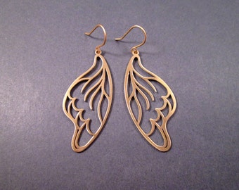 Butterfly Wing Earrings, Delicate Earrings, Raw Brass and Gold Dangle Earrings, FREE Shipping