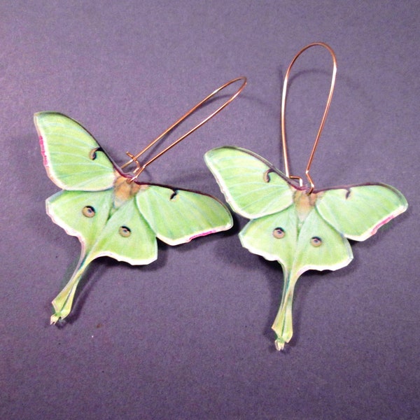 Luna Moth Earrings, Green Acrylic Pendants, Long Gold Dangle Earrings, FREE Shipping