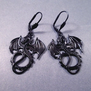 Dragon Earrings, Black Metal Alloy Earrings, Gunmetal Silver Dangle Earrings, FREE Shipping