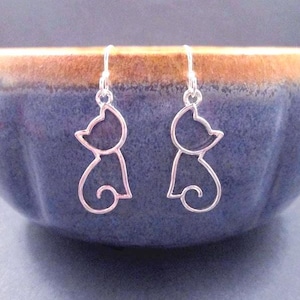 Cat Earrings, Sitting Pretty, Silver Dangle Earrings, FREE Shipping