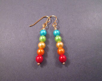 Pearl Earrings, Rainbow Stacked Glass Pearls, Gold Dangle Earrings, FREE Shipping