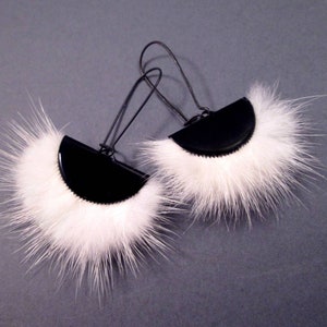 Larger Size Fur Earrings, White and Black Fan Earrings, Mink Fur and Gunmetal Silver Dangle Earrings, FREE Shipping image 1