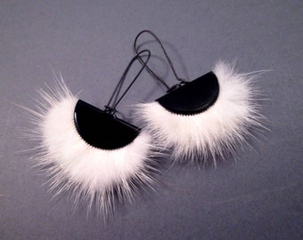 Larger Size Fur Earrings, White and Black Fan Earrings, Mink Fur and Gunmetal Silver Dangle Earrings, FREE Shipping