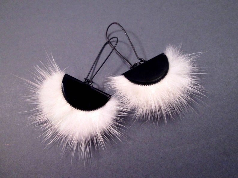 Larger Size Fur Earrings, White and Black Fan Earrings, Mink Fur and Gunmetal Silver Dangle Earrings, FREE Shipping image 1