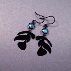 Leaf Vine Earrings, Blue Glass Bezels and Black Die Cut Pendants, Gunmetal Silver Dangle Earrings, FREE Shipping image 3