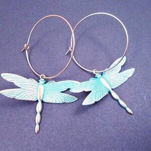 Dragonfly Earrings, Teal Verdigris Patina Finish, Gold Hoop Earrings, FREE Shipping