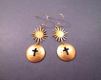 Hammered Disc Earrings, Raw Brass Starburst and Cross, Gold Dangle Earrings, FREE Shipping