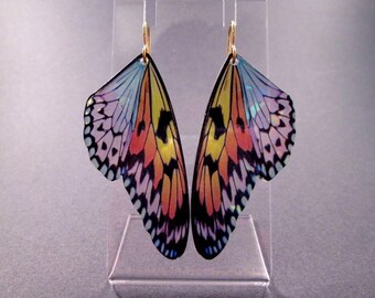 Larger Size Butterfly Wing Earrings, Rainbow Colors, Iridescent Acrylic Wings, Gold Dangle Earrings, FREE Shipping