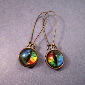 Eye See You, Colorful Cat Eye Earrings, Rainbow and Brass Dangle Earrings, FREE Shipping