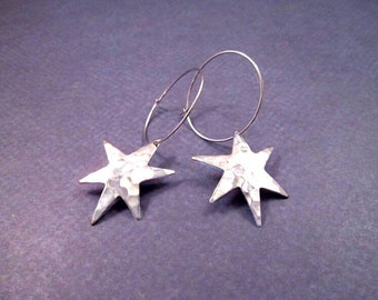Star Earrings, Hammered Silver Earrings, Hoop Earrings, FREE Shipping